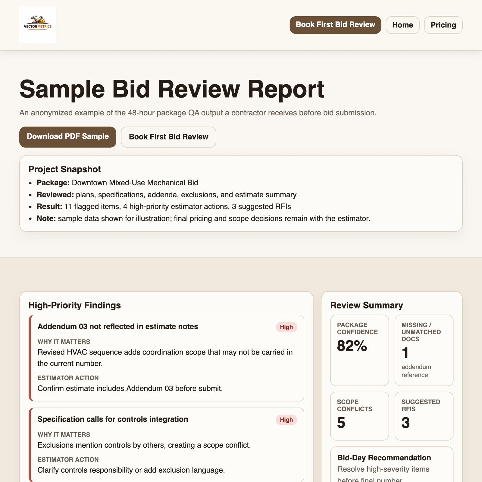 Screen capture of the VectorMetrics sample bid review report with findings, severity, review summary, RFIs, and estimator actions